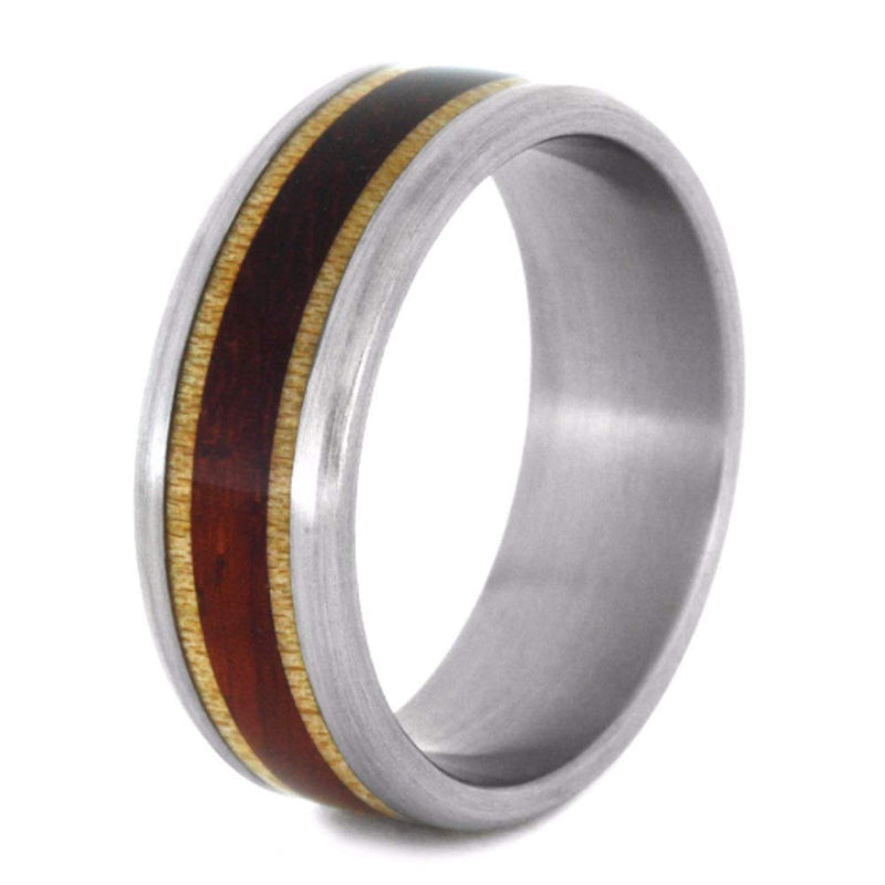 Paduk Wood, Maple Wood 8mm Comfort-Fit Brushed Titanium Wedding Band