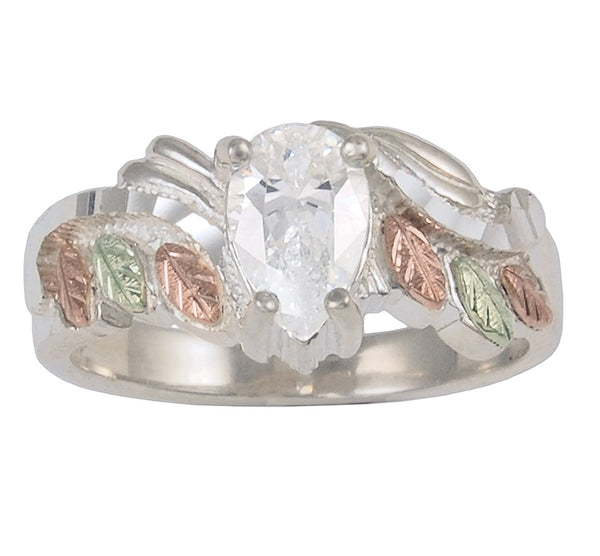 Fancy CZ Pear and Leaf Band, 12k Green and Rose Gold Black Hills Gold Motif, Size 10