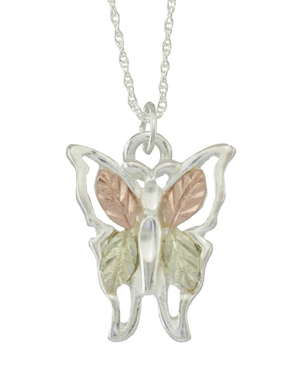 Butterfly Pendant Necklace, Sterling Silver, 12k Green and Rose Gold Black Hills Gold Motif, 18''