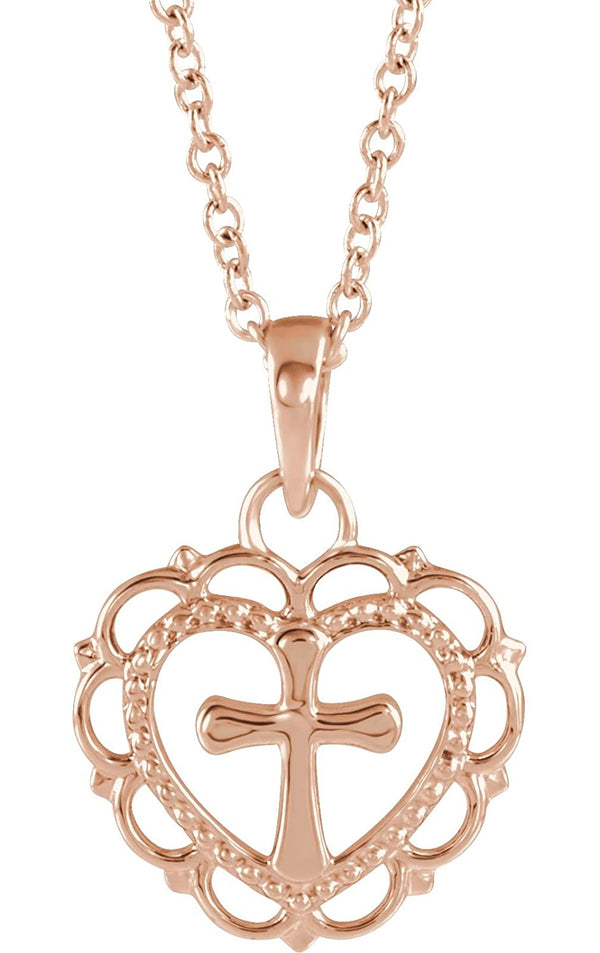 Scalloped Heart with Cross 14k Rose Gold Youth Pendant Necklace, 16" and 18" (15.50X11.70 MM)