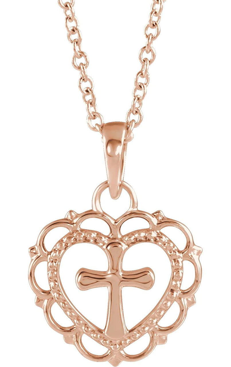 Scalloped Heart with Cross 14k Rose Gold Youth Pendant Necklace, 16" and 18" (15.50X11.70 MM)