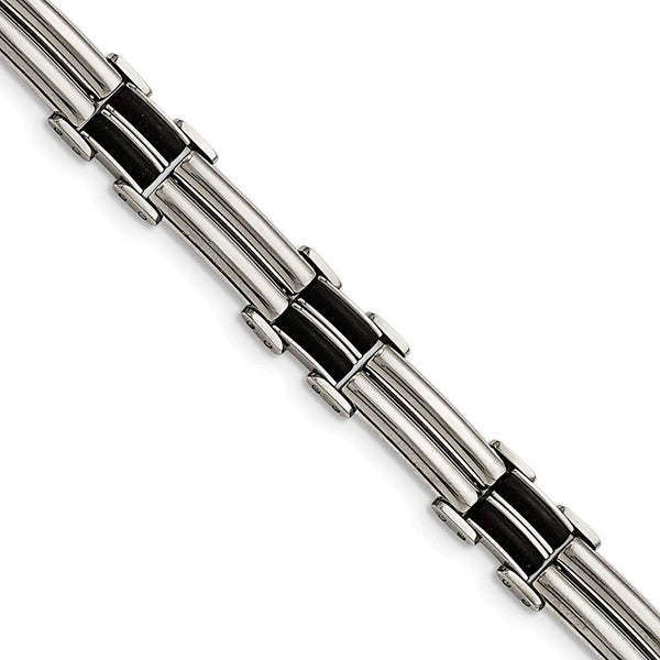 Men's Polished Stainless Steel 10mm Black Rubber Bracelet, 8"