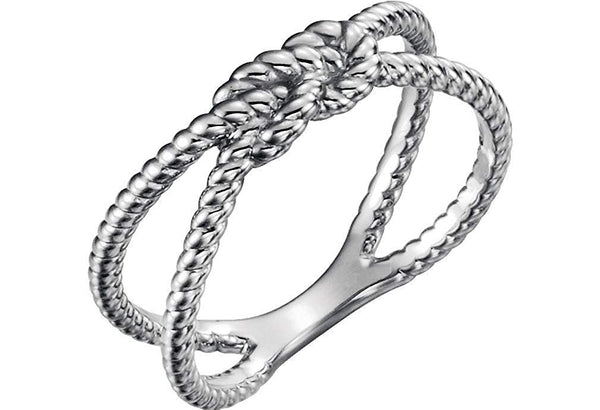 Platinum Love Knot Rope Trim Crisscross Ring, Size 6.75