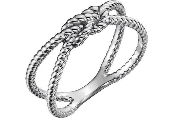 Love Knot Rope Trim Crisscross Ring, Rhodium-Plated 14k White Gold