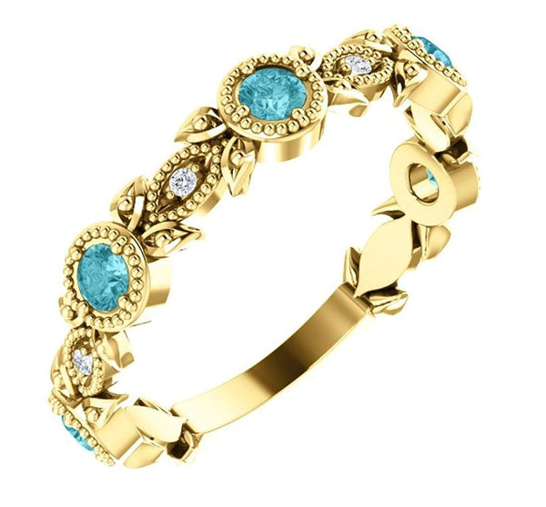 Blue Zircon and Diamond Vintage-Style Ring,14k Yellow Gold (0.03 Ctw, G-H Color, I1 Clarity)