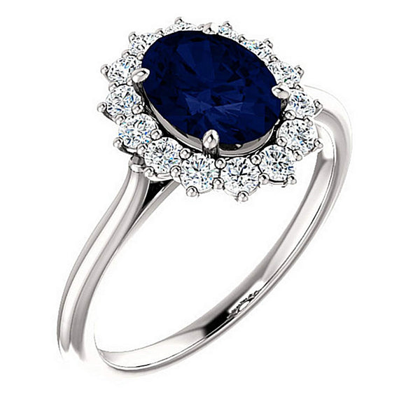 Sapphire and Diamond Halo 14k White OR Yellow Gold Ring, Size 7