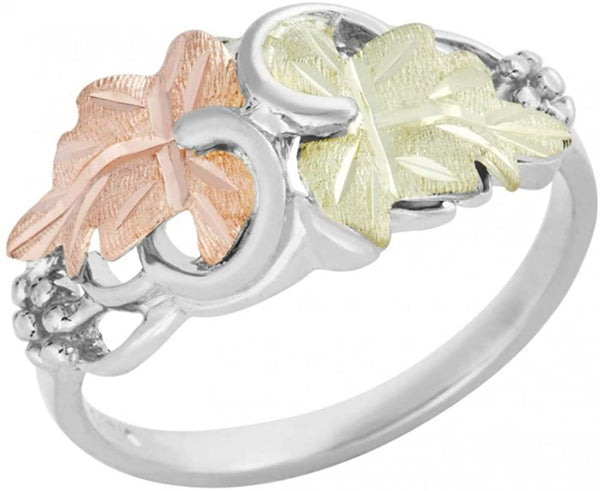 Frosty Leaf Scroll Ring, Sterling Silver, 12k Green and Rose Gold Black Hills Gold Motif, Size 2.75