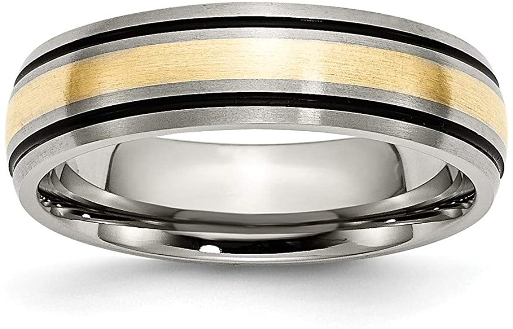 Brushed Titanium 6mm Grooved, 14k Yellow Inlay Antiqued Comfort-Fit Band, Size 12.5