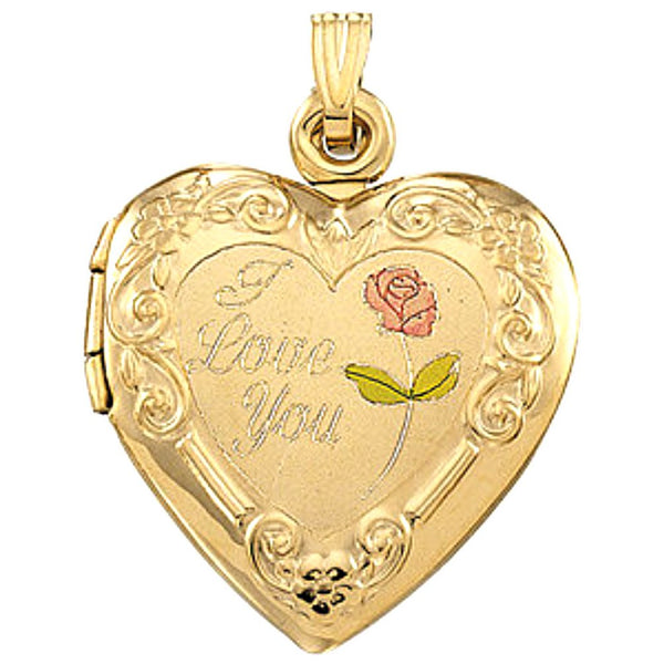 14k Yellow Gold 'I Love You' Heart Locket with Embossed Flowers