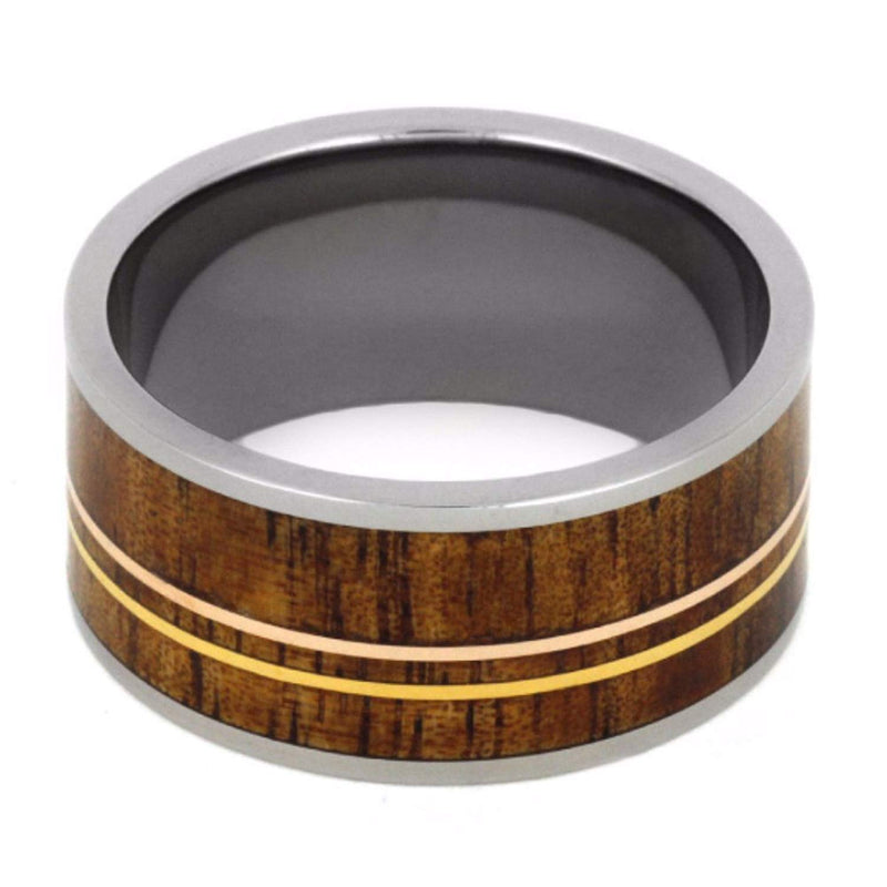 Koa Wood, 14k Yellow and Rose Gold Pinstripes 11mm Comfort-Fit Titanium Wedding Band