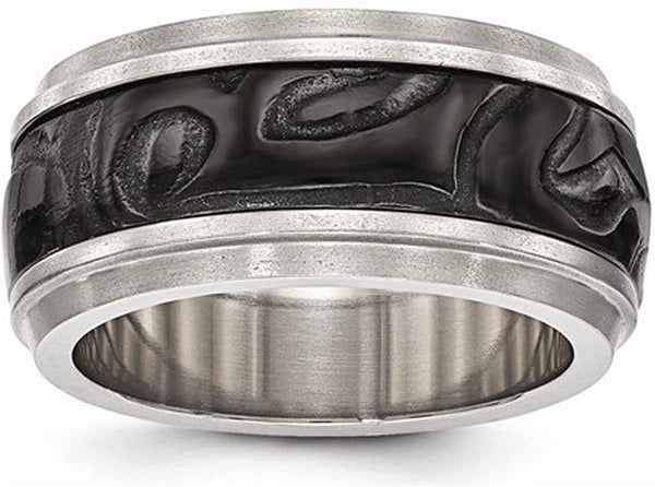 Edward Mirell Titanium and Black Titanium Inlay Fancy Design 11mm Wedding Band, Size 8.5