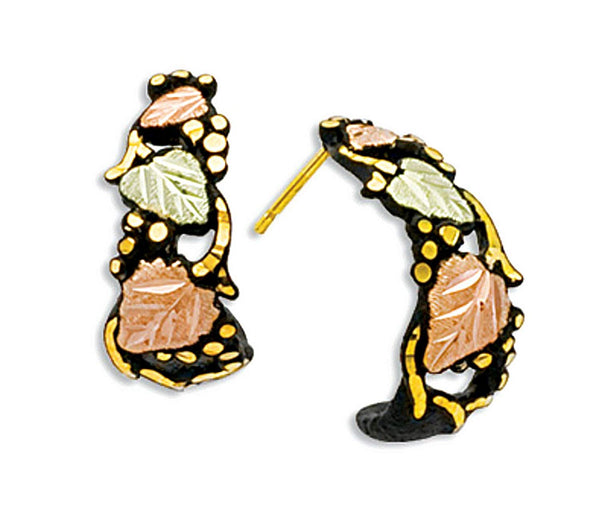 Ave 369 Black Powder Coat with Gold Trim and Leaves Earrings, 10k Yellow Gold, 12k Green and Rose Gold Black Hills Gold Motif