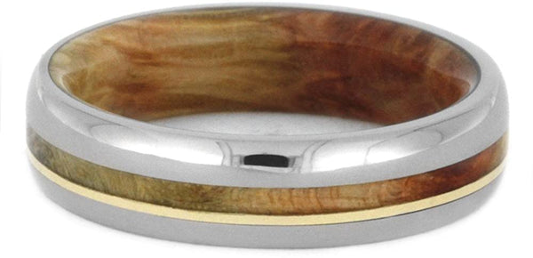 Titanium, 14k Yellow Gold Stripe, Comfort-Fit Flame Box Elder Burl Wood Band, Couples Wedding Rings, M 12.5-F6