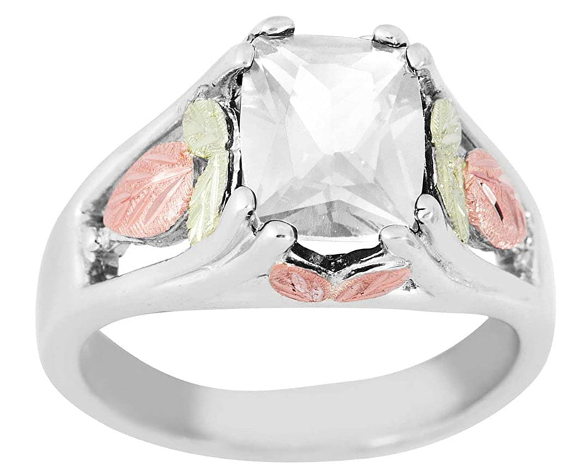 Ave 369 April Birthstone Created White Spinel Ring, Sterling Silver, 12k Green and Rose Gold Black Hills Silver Motif