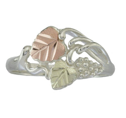 Leaf and Grape Cluster Cocktail Ring, Sterling Silver, 12k Green and Rose Gold Black Hills Gold Motif, Size 10