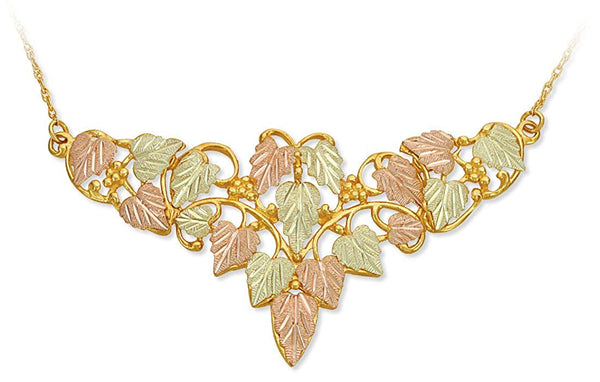 Heart Shape Grape Leaf Pendant Necklace, 10k Yellow Gold, 12k Green and Rose Gold Black Hills Gold Motif, 18"