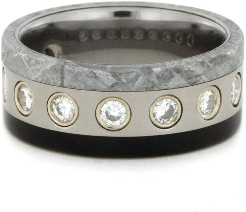 Forever One Moissanite, Gibeon Meteorite, African Blackwood 8mm Comfort-Fit Titanium Band, Size 12.5
