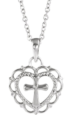 Scalloped Heart with Cross Rhodium-Plated 14k White Gold Youth Pendant Necklace, 16" and 18" (15.50X11.70 MM)