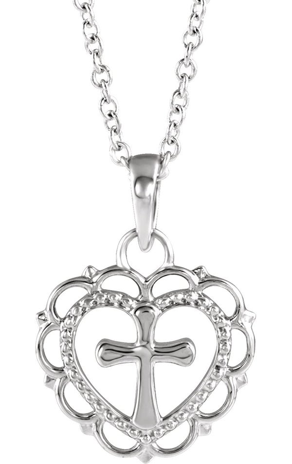 Scalloped Heart with Cross Rhodium-Plated 14k White Gold Youth Pendant Necklace, 16" and 18" (15.50X11.70 MM)