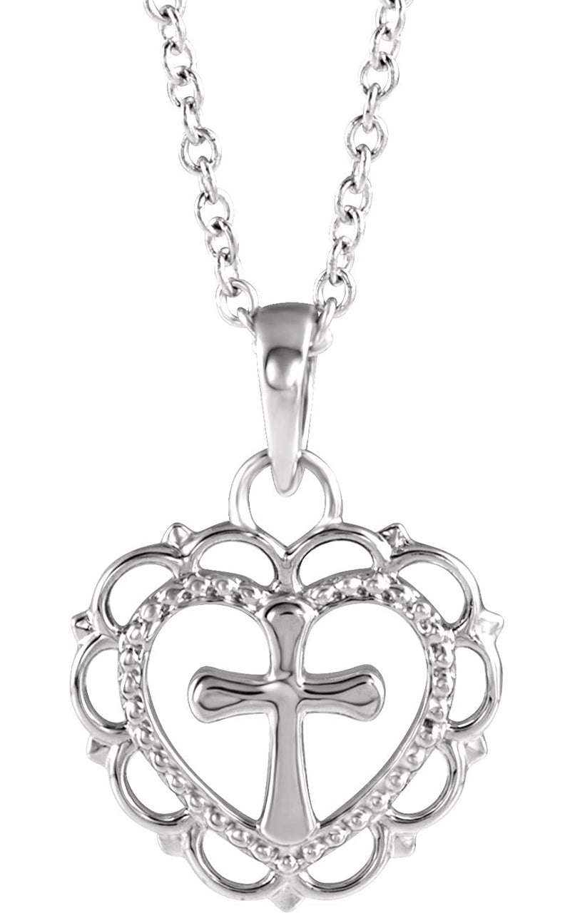 Scalloped Heart with Cross Rhodium-Plated 14k White Gold Youth Pendant Necklace, 16" and 18" (15.50X11.70 MM)