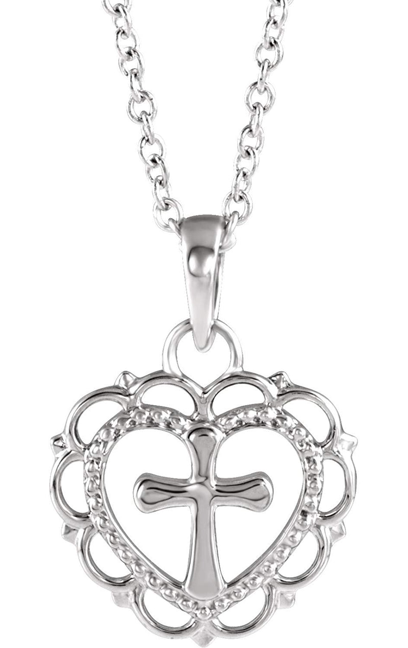 Scalloped Heart with Cross Sterling Silver Youth Pendant Necklace, 16" and 18" (15.50X11.70 MM)
