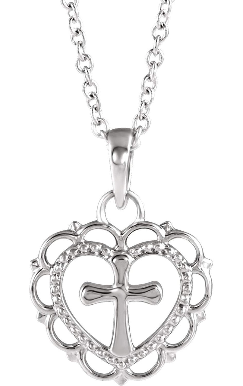 Scalloped Heart with Cross Sterling Silver Youth Pendant Necklace, 16" and 18" (15.50X11.70 MM)