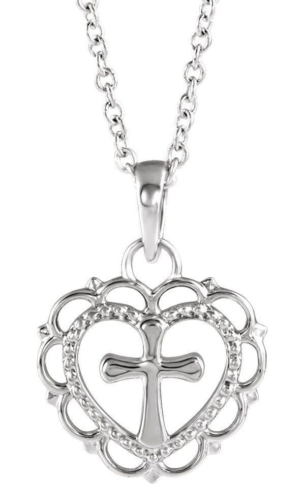Scalloped Heart with Cross Rhodium-Plated 14k White Gold Youth Pendant (15.50X11.70 MM)