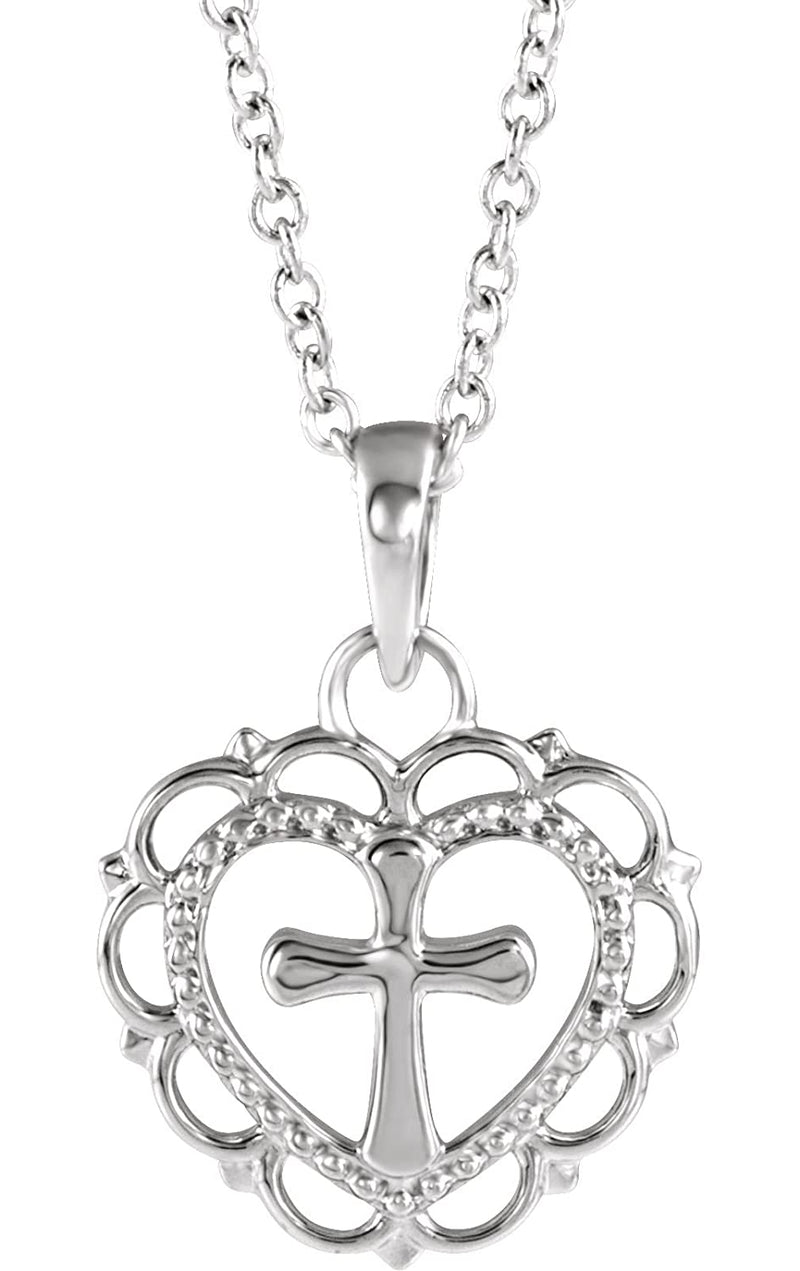 Scalloped Heart with Cross Rhodium-Plated 14k White Gold Youth Pendant (15.50X11.70 MM)