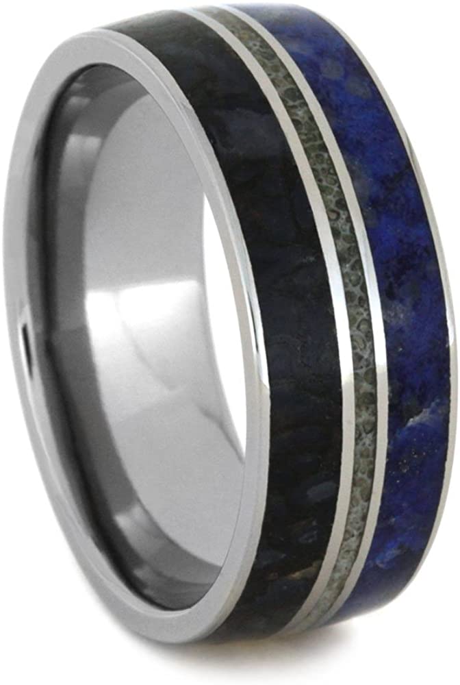 Lapis Lazuli, Dinosaur Bone, Deer Antler 9mm Comfort-Fit Titanium Wedding Band, Size 15.5