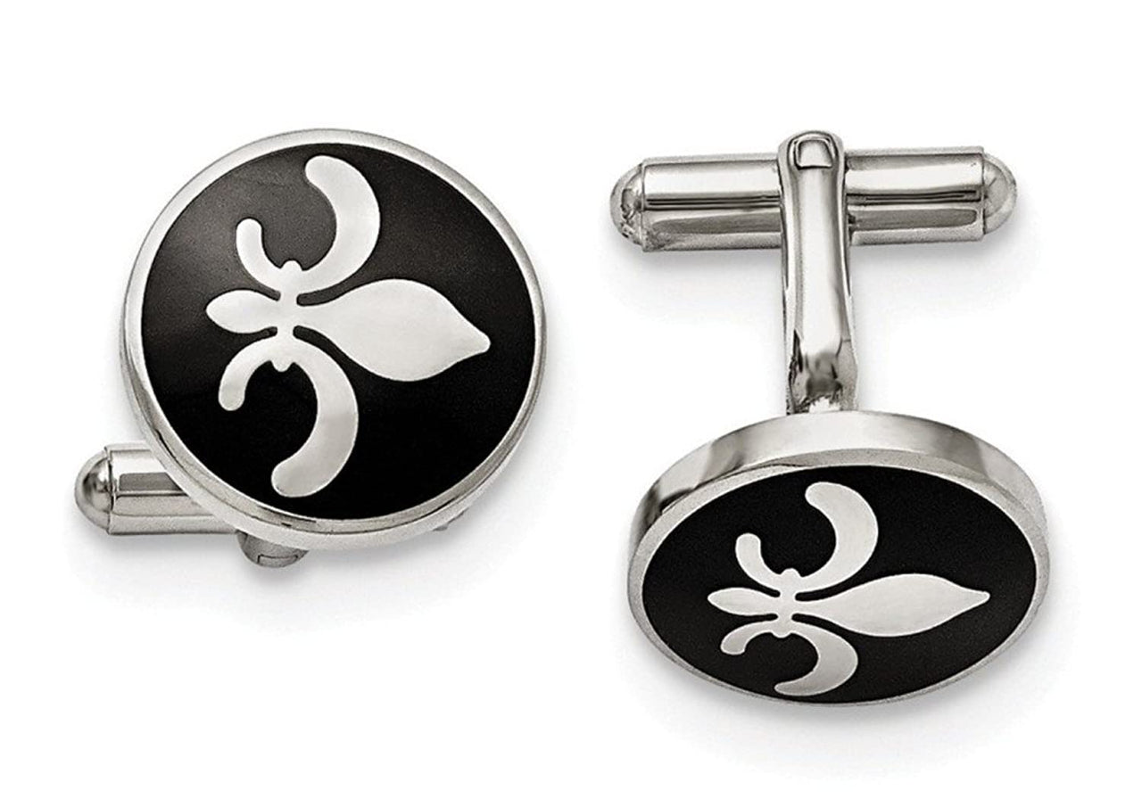 Stainless Steel Black Enamel with Fleur De Lis Round Cuff Links, 18MM