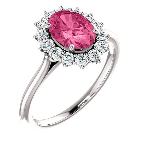Pink Tourmaline and Diamond Halo 14k White OR Yellow Gold Ring, Size 7