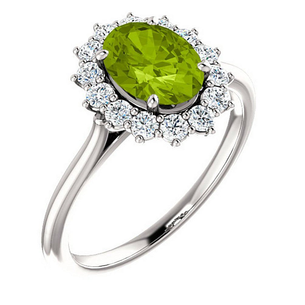 Arizona Peridot and Diamond Halo 14k White OR Yellow Gold Ring, Size 7