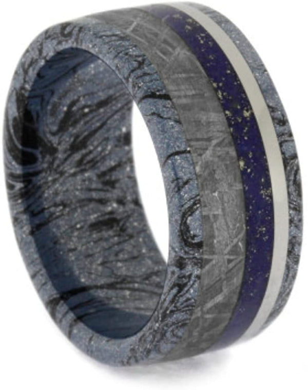 Lapis Lazuli, Gibeon Meteorite, Cobaltium Mokume Gane 9mm Comfort-Fit Titanium Wedding Band, Size 10.75