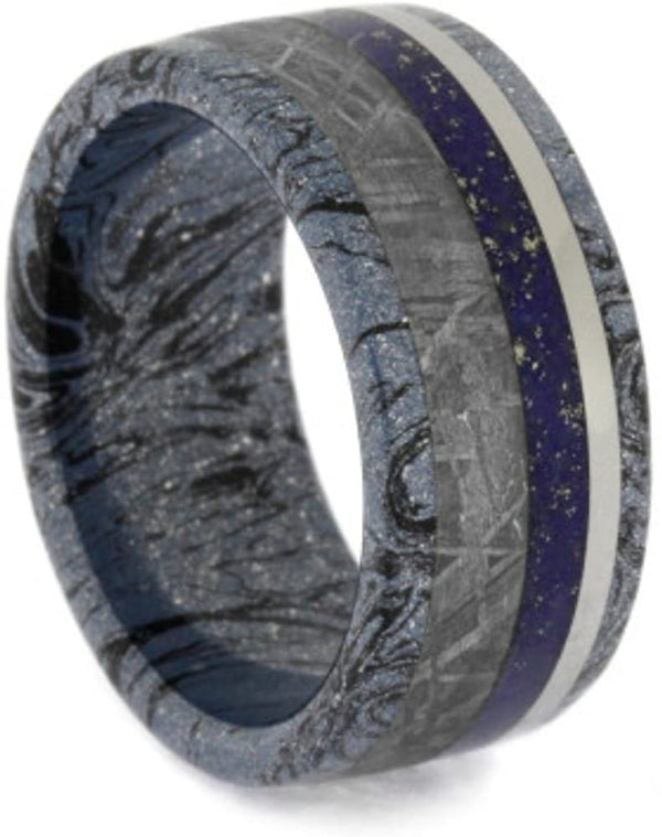 Lapis Lazuli, Gibeon Meteorite, Cobaltium Mokume Gane 9mm Comfort-Fit Titanium Wedding Band, Size 6.75