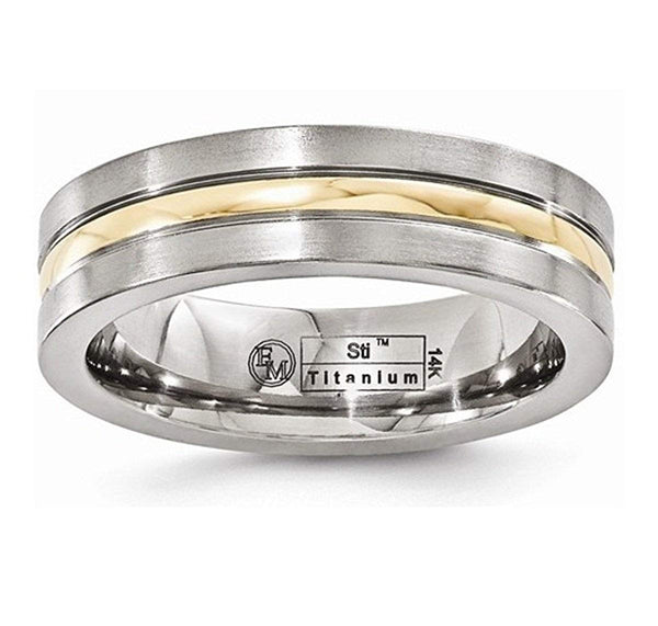 Gold Inlay Collection Brushed Titanium, 14k Yellow Gold 6mm Band