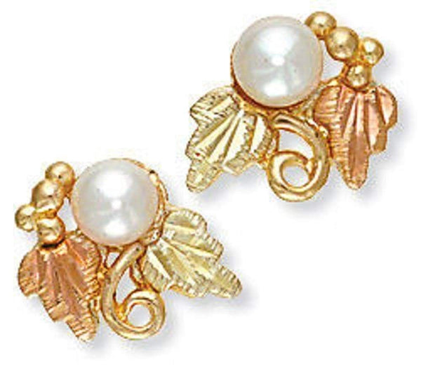 White Cultured Pearl Leaf Stud Earrings, 10k Yellow Gold, 12k Green and Rose Gold Black Hills Gold Motif (4-4.5MM)