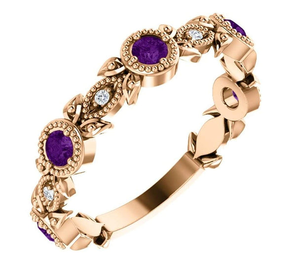 Amethyst and Diamond Vintage-Style Ring, 14k Rose Gold (0.03 Ctw, G-H Color, I1 Clarity)
