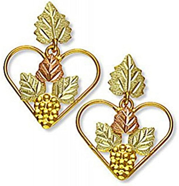 Sweet Grape Leaf Heart Earrings, 10k Yellow Gold, 12k Green and Rose Gold Black Hills Gold Motif