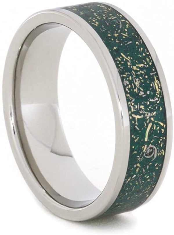 The Men's Jewelry Store (Unisex Jewelry) Green Stardust with Meteorite and 14k Yellow Gold 7mm Comfort-Fit Titanium Ring, Size 7.25