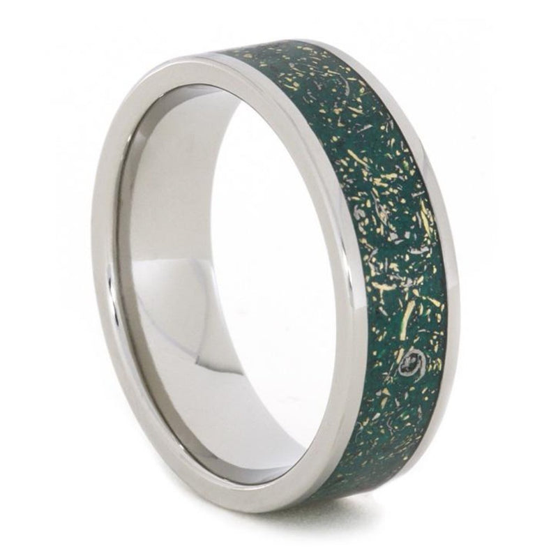 The Men's Jewelry Store (Unisex Jewelry) Green Stardust with Meteorite and 14k Yellow Gold 7mm Comfort-Fit Titanium Ring