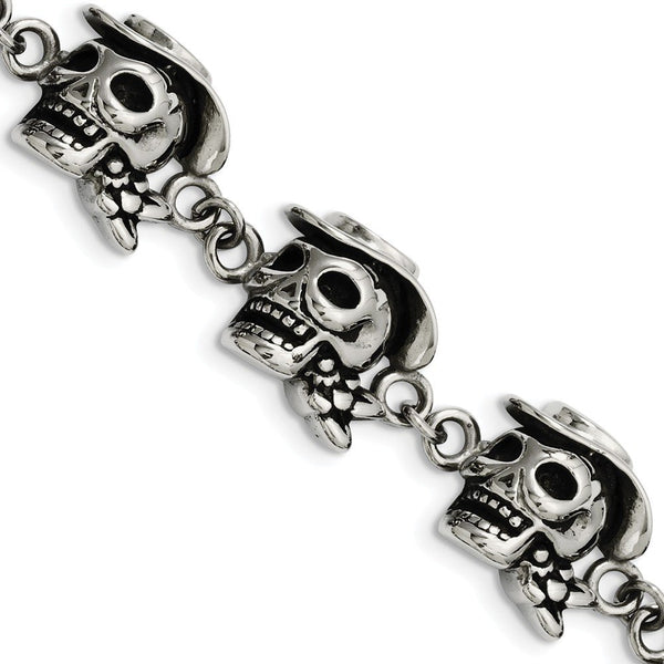 Men's Stainless Steel 16mm Antiqued Skull Pirates Link with Hat Bracelet, 8.5"