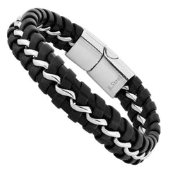 Men's Black Leather Bracelet, Stainless Steel, 8.5"