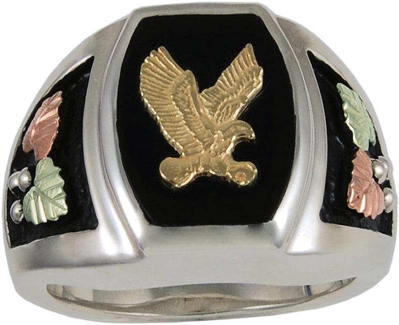 The Men's Jewelry Store 10k Yellow Bald Eagle Antiqued Ring, Sterling Silver, 12k Green and Rose Gold Black Hills Gold Motif, Size 13