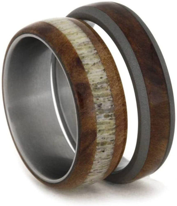 Elk Antler, Redwood Titanium Band and Redwood, Sandblasted Titanium Band, His and Hers Wedding Band Set , M12.5-F6.5