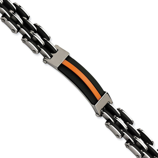 Men's Stainless Steel 11mm Black and Orange Polyurethane Link ID Bracelet, 8.5"