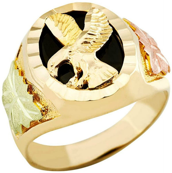 Men's Eagle Ring with Oval Onyx, 10k Yellow Gold, 12k Green and Rose Gold Black Hills Gold Motif, Size 11.5