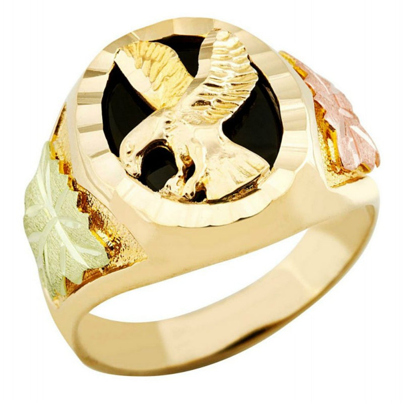 Men's Eagle Ring with Oval Onyx, 10k Yellow Gold, 12k Green and Rose Gold Black Hills Gold Motif