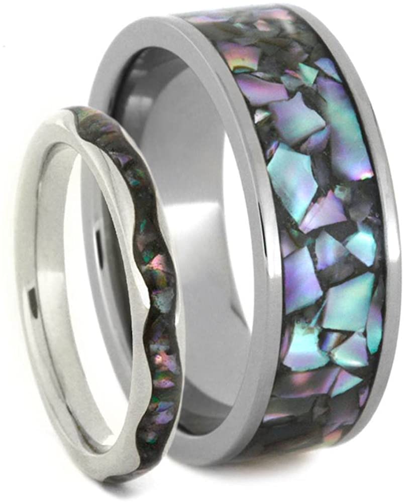 Abalone 14k White Gold Band and Abalone Titanium Band, Couples Wedding Ring Set