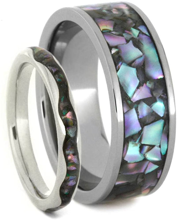 Abalone 14k White Gold Band and Abalone Titanium Band, Couples Wedding Ring Set, M 10-F9