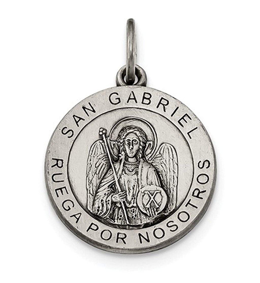 Sterling Silver Satin Antiqued Spanish St. Gabriel Medal Pendant (21X19MM)